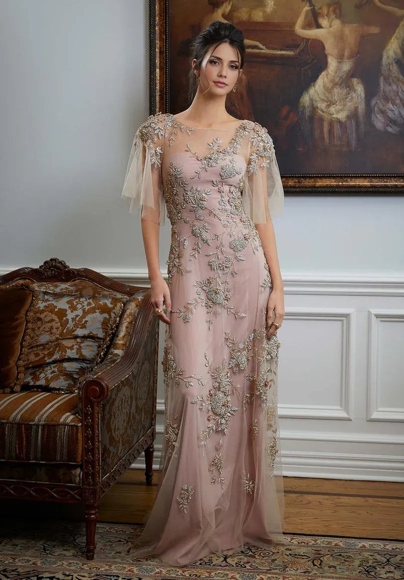 Vestido de mamá de la novia, vestido de madre de la novia, cuello redondo, mangas abullonadas, largo hasta el suelo con apliques, vestidos de madre de la novia / Tiendas con vestidos de fiesta